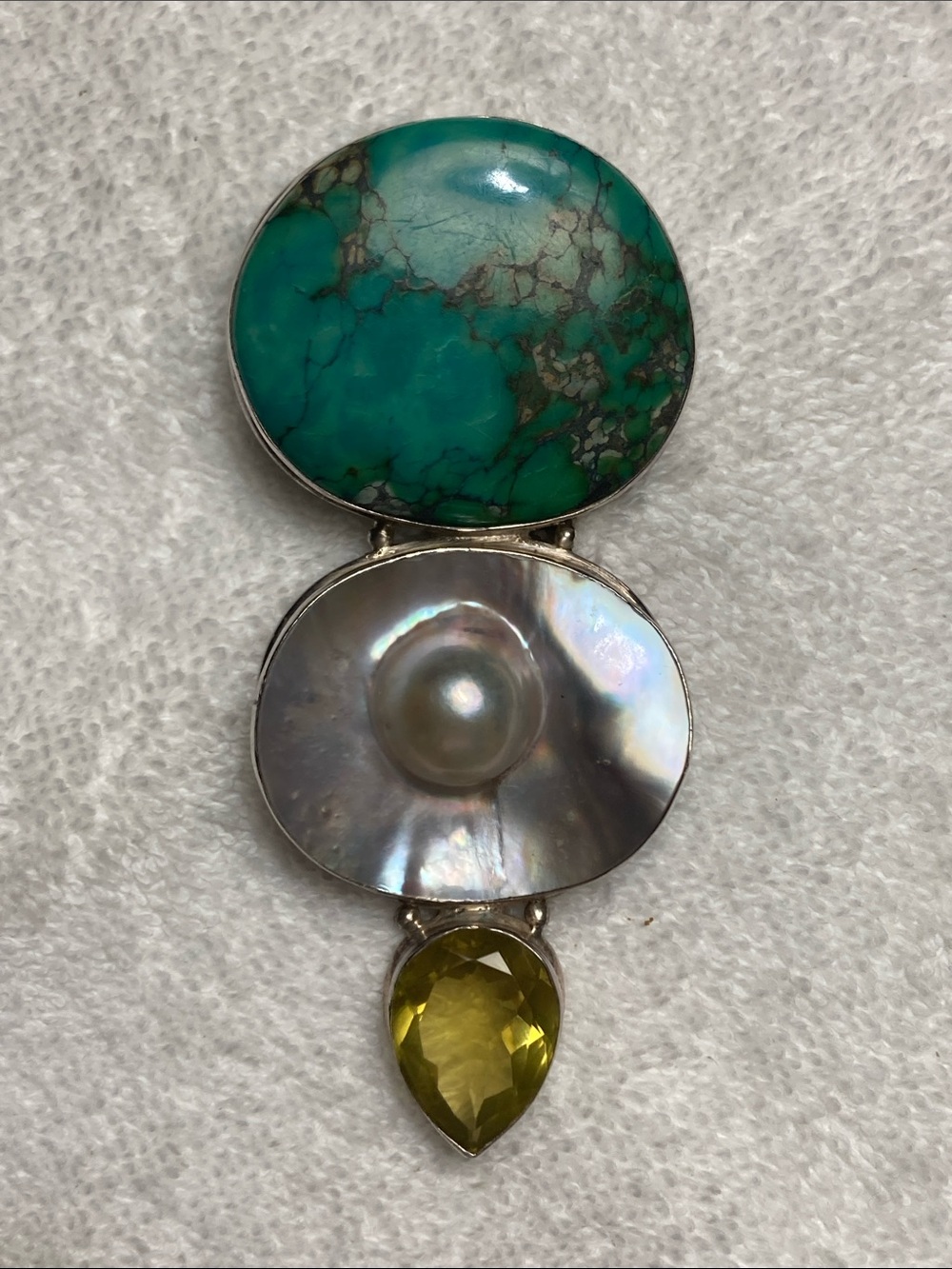 Turquoise, Pearl & Lemon Quartz Statement Brooch/Pendant